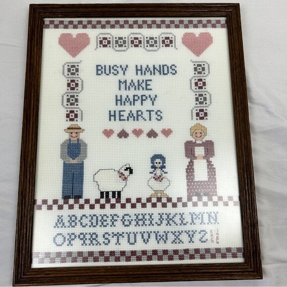 Vintage cross stitch art work “busy hands make happy heart” 12”x15” farm theme - Picture 2 of 3